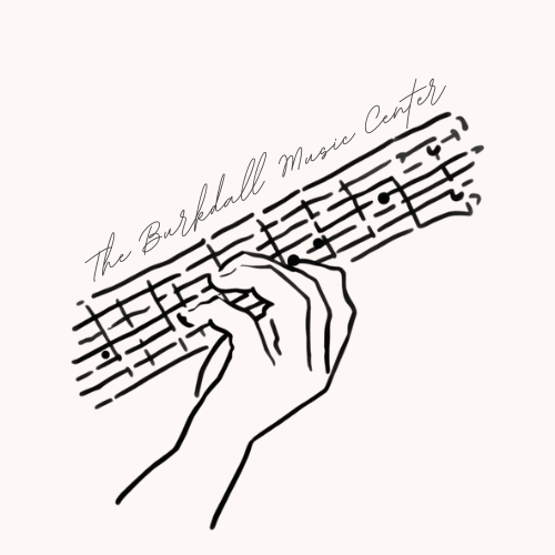 The Burkdall Music Center logo, representing guitar and bass lessons, instrument sales, rentals, and music accessories in Angels Camp, California.