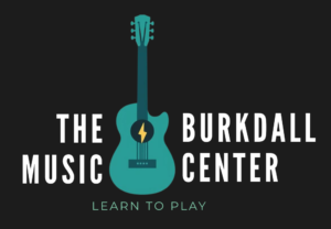 The Burkdall Music Center Logo with a a stylized teal acoustic guitar that has a yellow lightning bolt in the sound hole and the tagline "Learn to Play"